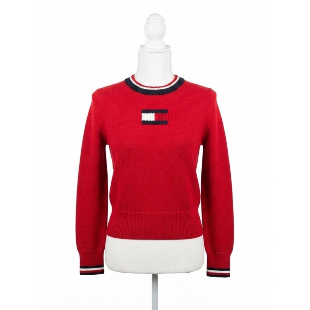 VTG Y2K Tommy Hilfiger Red Cotton Crew Neck Logo Sweater Womens Small Petite